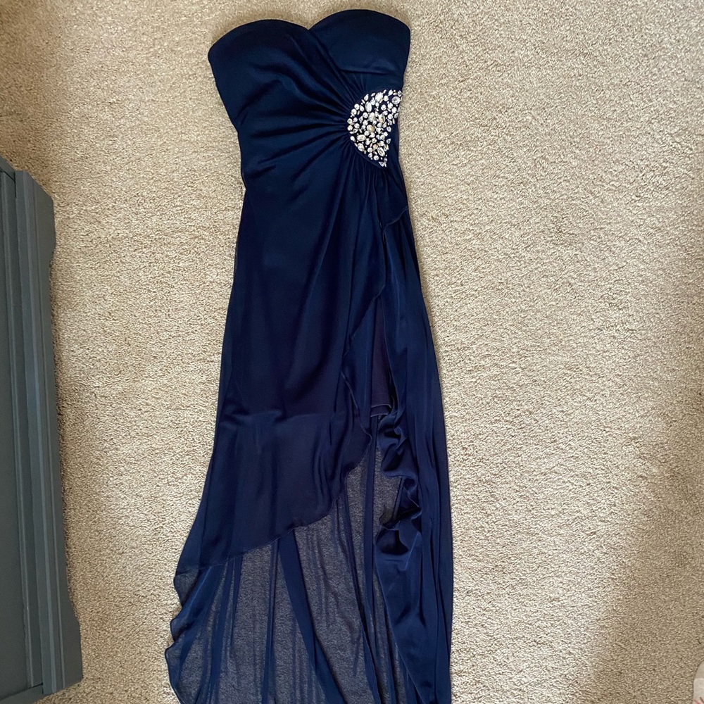Dark blue high low strapless prom dress